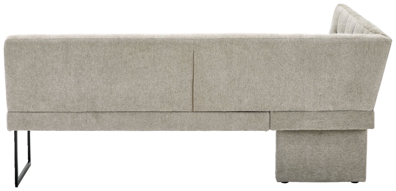 Rückansicht einer grauen Eckbank mit Metallbeinen, Perspektive von hinten