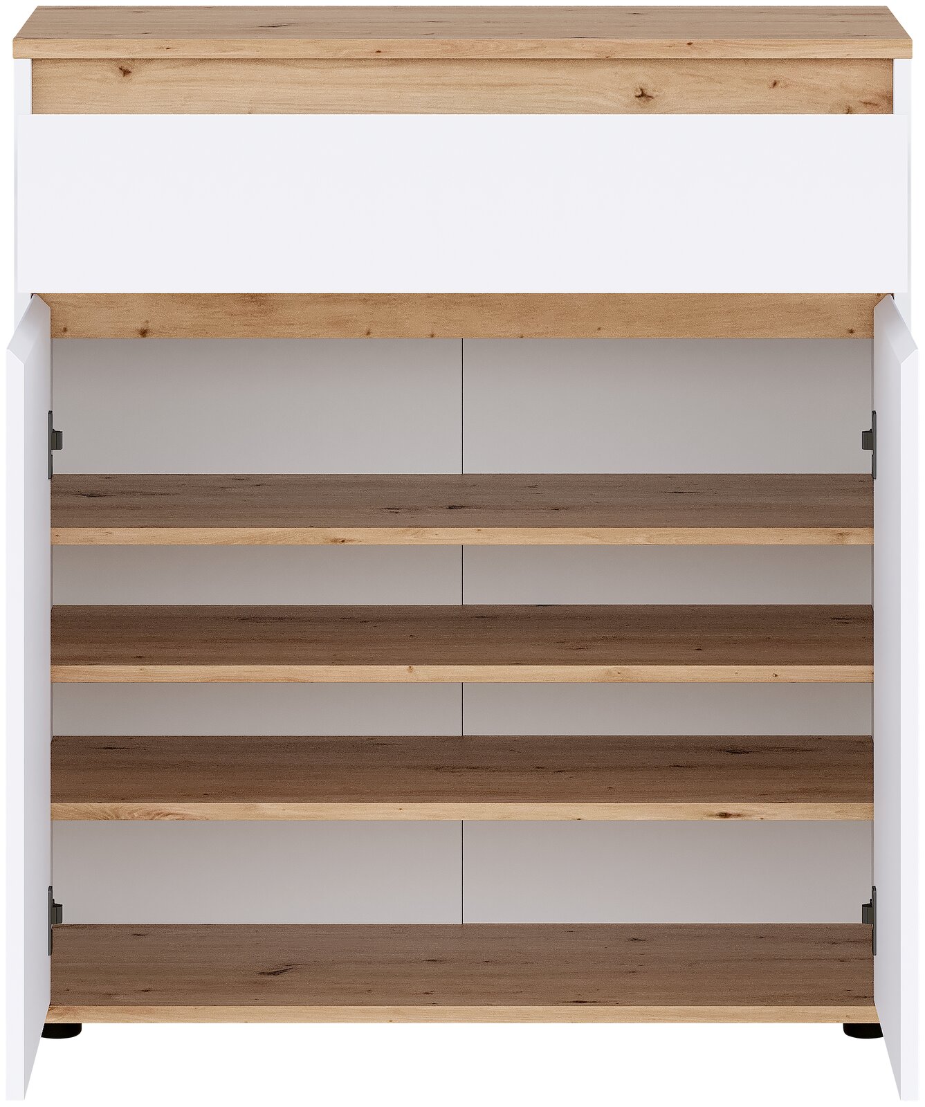 Offenes Schuhregal in Weiß mit Holzoptik und mehreren Ablageböden, Frontansicht