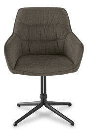 Moderner Armlehnstuhl mit gepolstertem Sitz in dunklem Stoff, schwarzem Metallgestell und vier Beinen, Frontalansicht.