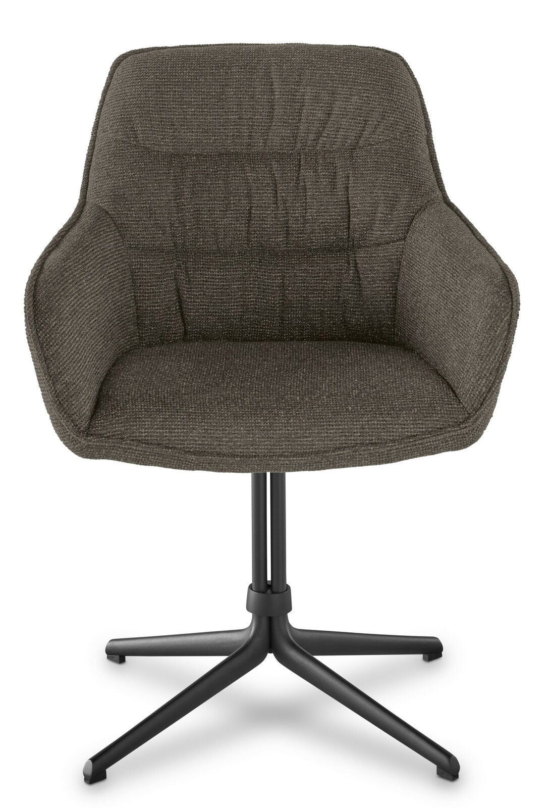 Moderner Armlehnstuhl mit gepolstertem Sitz in dunklem Stoff, schwarzem Metallgestell und vier Beinen, Frontalansicht.