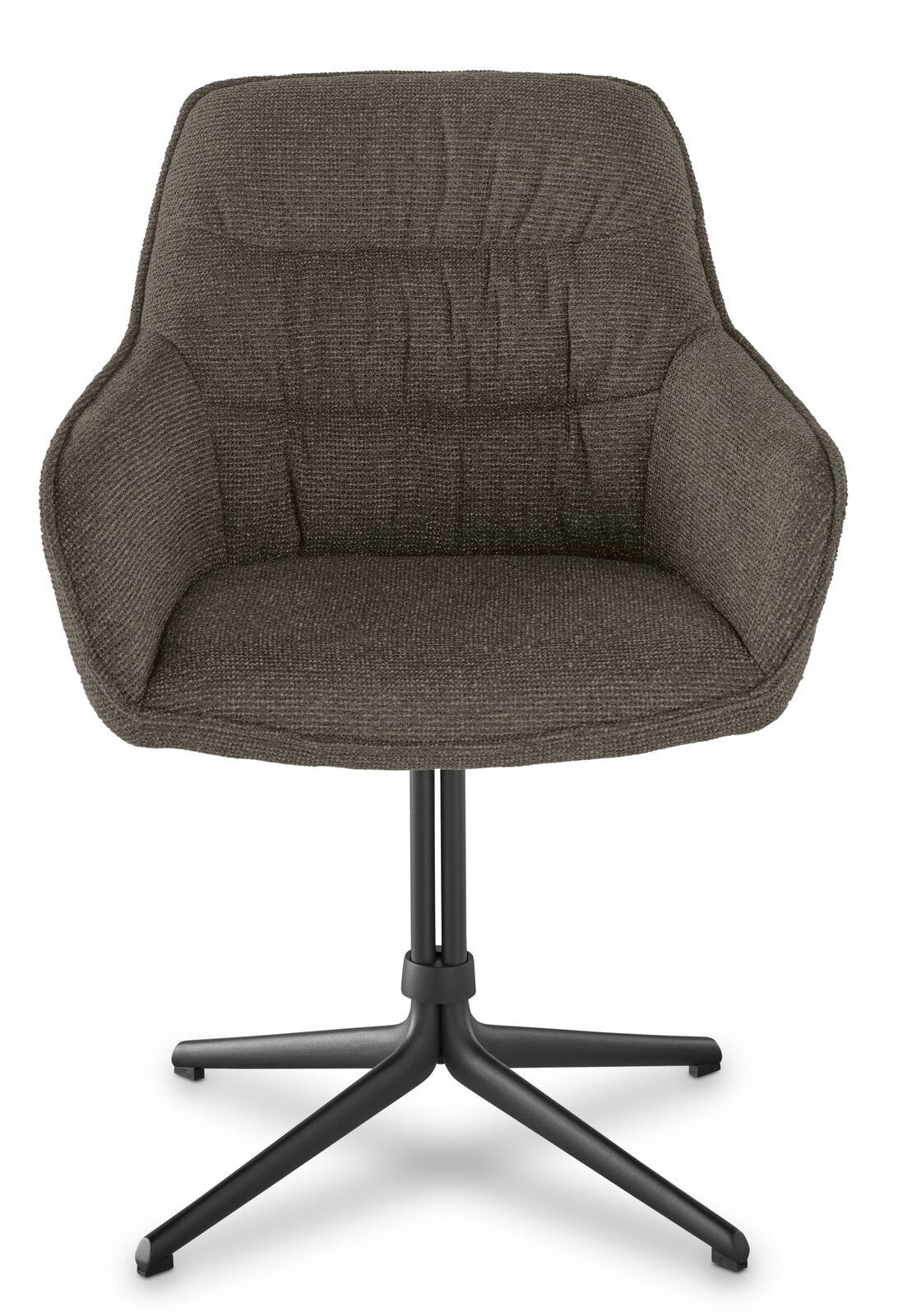 Moderner Armlehnstuhl mit gepolstertem Sitz in dunklem Stoff, schwarzem Metallgestell und vier Beinen, Frontalansicht.