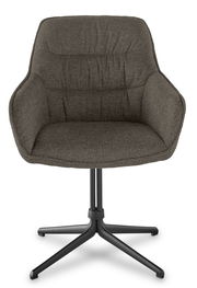 Moderner Armlehnstuhl mit gepolstertem Sitz in dunklem Stoff, schwarzem Metallgestell und vier Beinen, Frontalansicht.