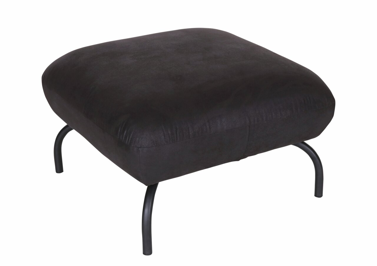 Schwarzer Hocker mit gepolsterter Sitzfläche und gebogenen Metallbeinen, seitliche Perspektive
