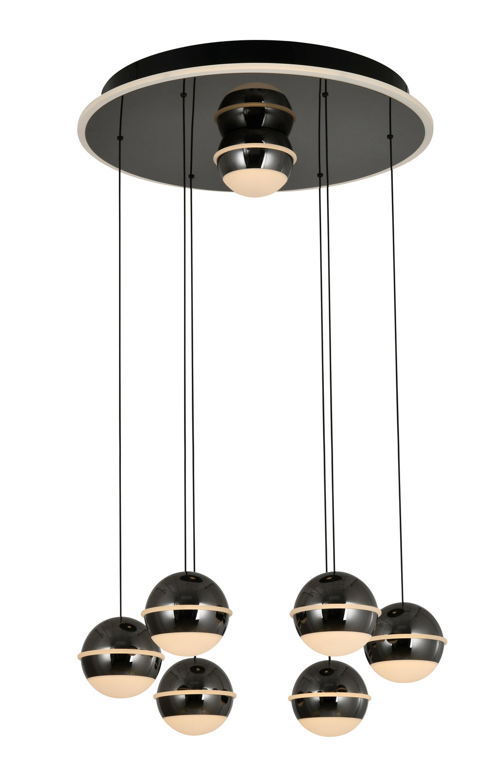 Moderne LED-Pendelleuchte mit sechs kugelförmigen Lampen, hängend von einer runden Deckenplatte, seitliche Perspektive.