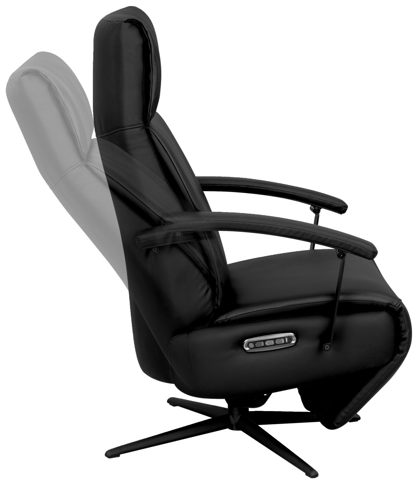 Zwarte relaxfauteuil in zijaanzicht met verstelbare rugleuning en armleuningen.