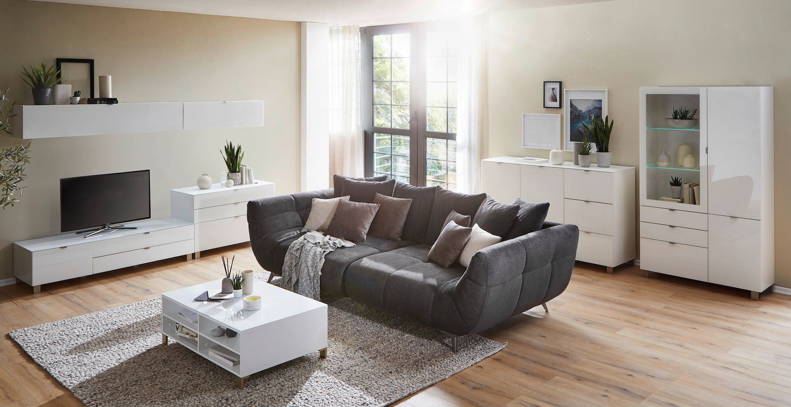 Modernes Wohnzimmer mit grauem Sofa, weißem Couchtisch und TV-Lowboard, Hängeschrank und Vitrine in heller, gemütlicher Atmosphäre. Perspektive von vorne.