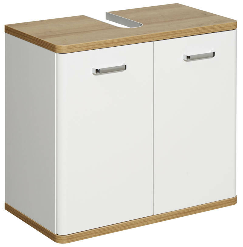 XORA Waschbeckenunterschrank NALA Waschbeckenunterschrank in Weiß mit Holzoberfläche, zwei Türen und silbernen Griffen, perspektivische Ansicht von vorne links