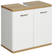 Waschbeckenunterschrank in Weiß mit Holzoberfläche, zwei Türen und silbernen Griffen, perspektivische Ansicht von vorne links