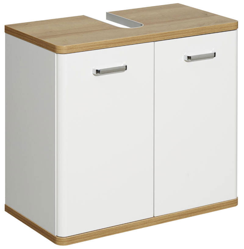 Waschbeckenunterschrank in Weiß mit Holzoberfläche, zwei Türen und silbernen Griffen, perspektivische Ansicht von vorne links