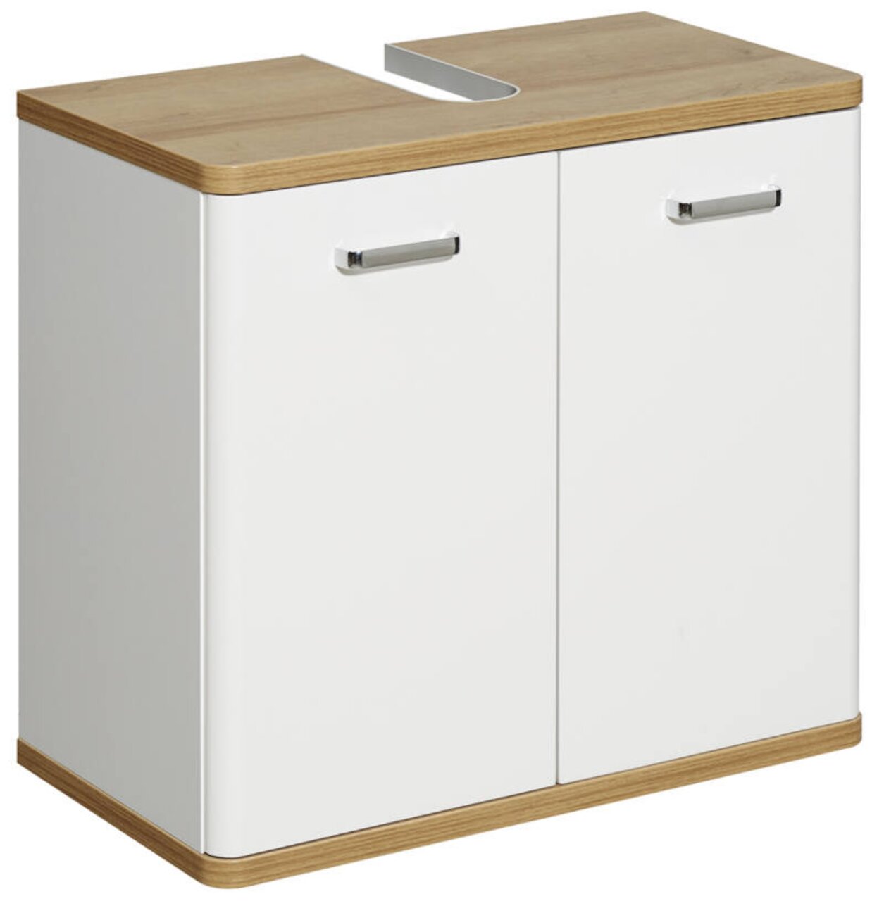 XORA Waschbeckenunterschrank NALA Waschbeckenunterschrank in Weiß mit Holzoberfläche, zwei Türen und silbernen Griffen, perspektivische Ansicht von vorne links