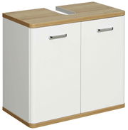 Waschbeckenunterschrank in Weiß mit Holzoberfläche, zwei Türen und silbernen Griffen, perspektivische Ansicht von vorne links