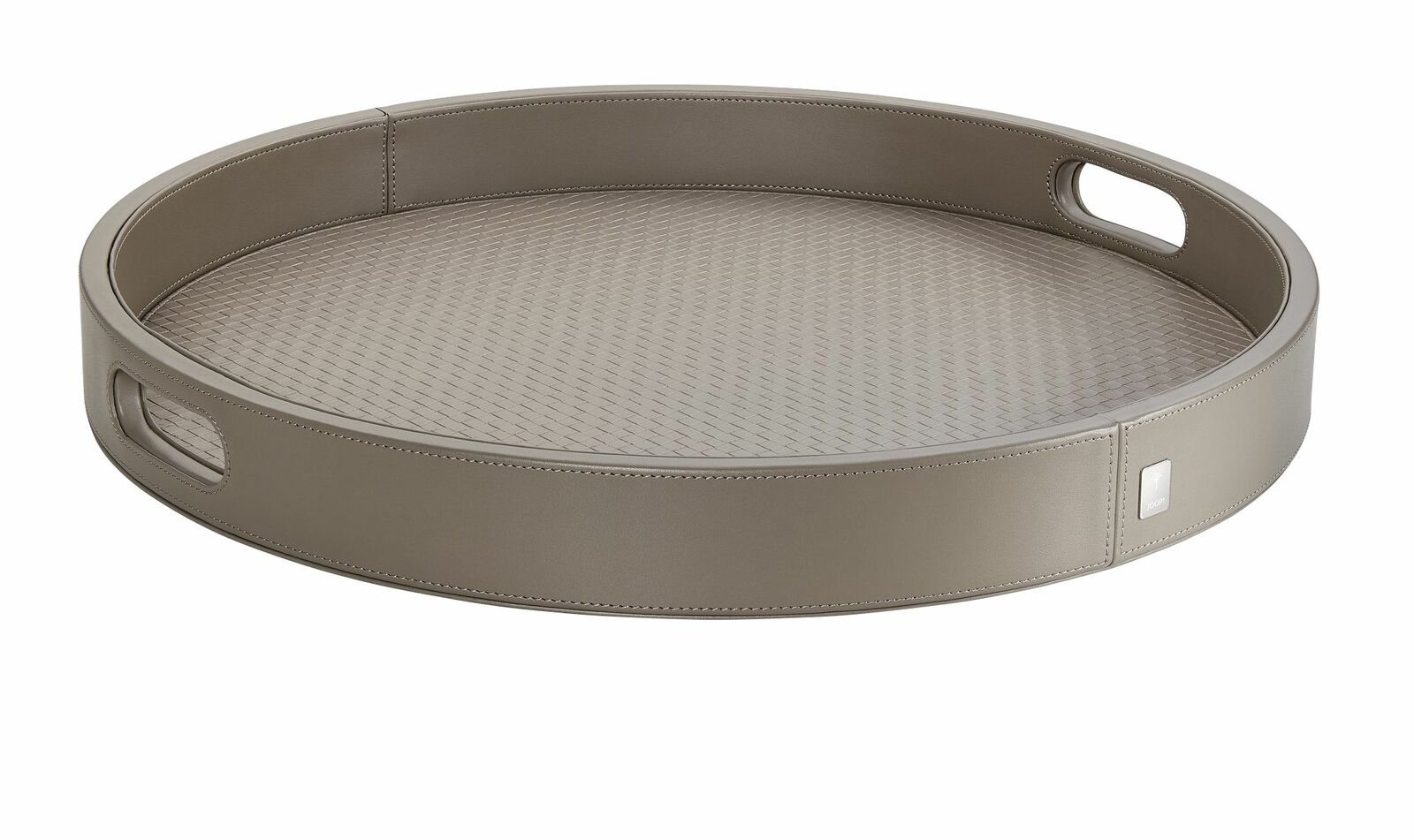 Großes, rundes Tablett in Grau mit gewebter Oberfläche und seitlichen Griffen, seitliche Perspektive