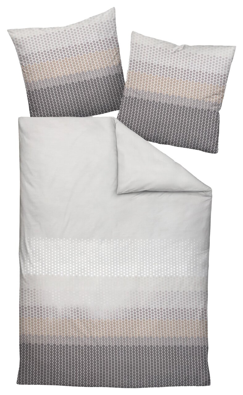 Bettwäsche-Set in Grau- und Beigetönen mit geometrischem Muster, Draufsicht