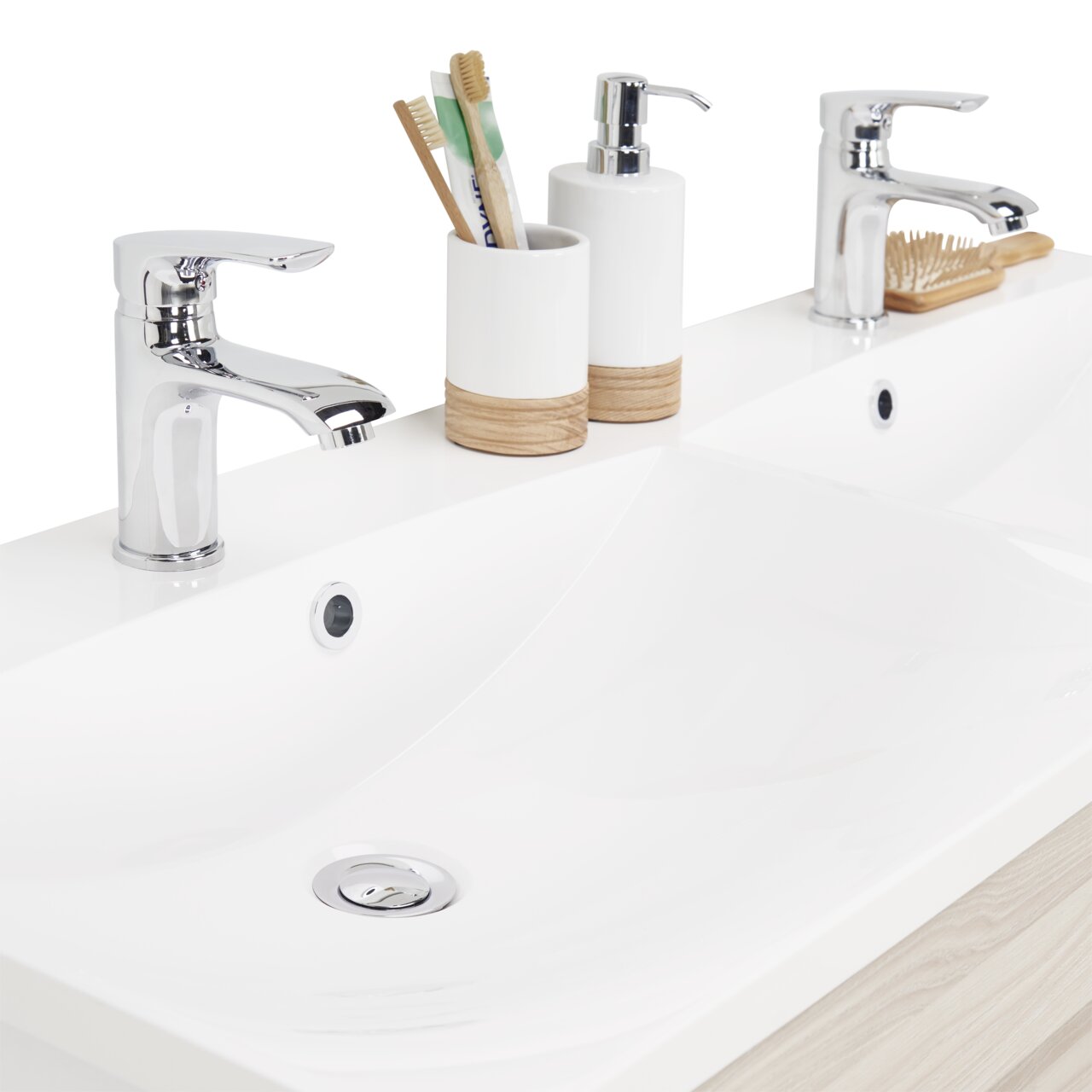 Voleo Waschplatz FREYA Moderner Waschplatz mit zwei Wasserhähnen, Seifenspender und Zahnbürstenhalter, aus der Vogelperspektive fotografiert.