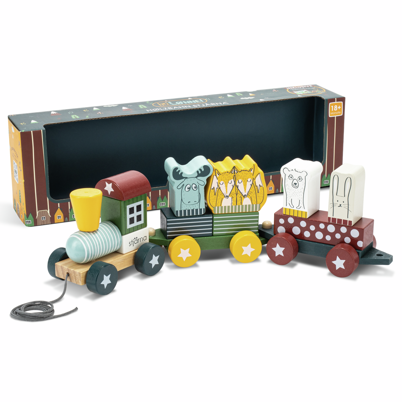 Holz-Eisenbahn mit bunten Tierfiguren, seitliche Perspektive