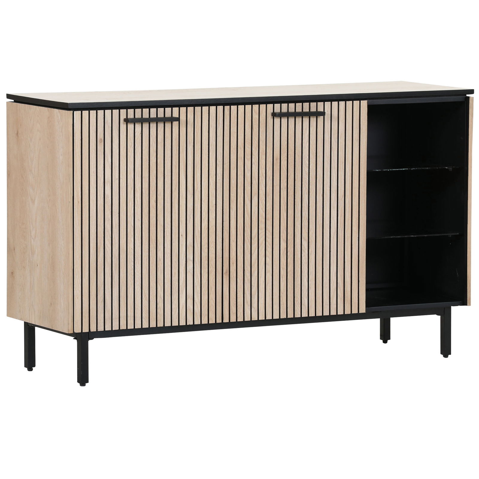 Modernes Sideboard aus Holz mit vertikalen Streifen und schwarzem Metallrahmen, seitliche Perspektive