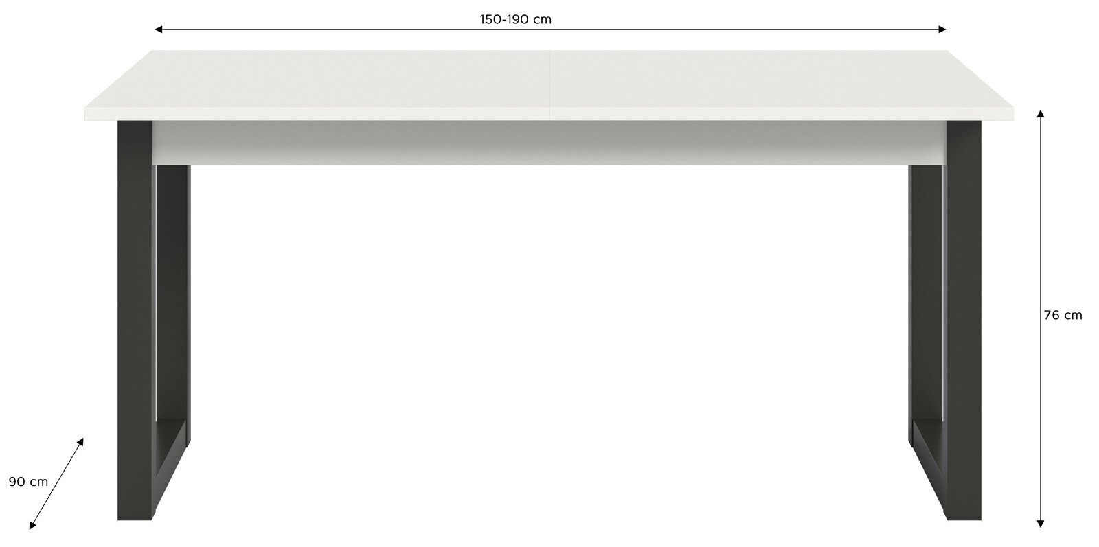 Moderner Esstisch mit weißer Tischplatte und schwarzen Beinen, aus der Frontalperspektive. Maße: 150-190 cm Länge, 90 cm Breite, 76 cm Höhe.