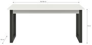 Moderner Esstisch mit weißer Tischplatte und schwarzen Beinen, aus der Frontalperspektive. Maße: 150-190 cm Länge, 90 cm Breite, 76 cm Höhe.