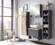 Moderner Spiegelschrank in einem stilvollen Badezimmer, frontal betrachtet, mit Holz- und Metallelementen, umgeben von dekorativen Accessoires.