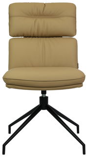 Moderner beiger Stuhl mit gepolsterter Rückenlehne und schwarzem Metallgestell, Frontalansicht