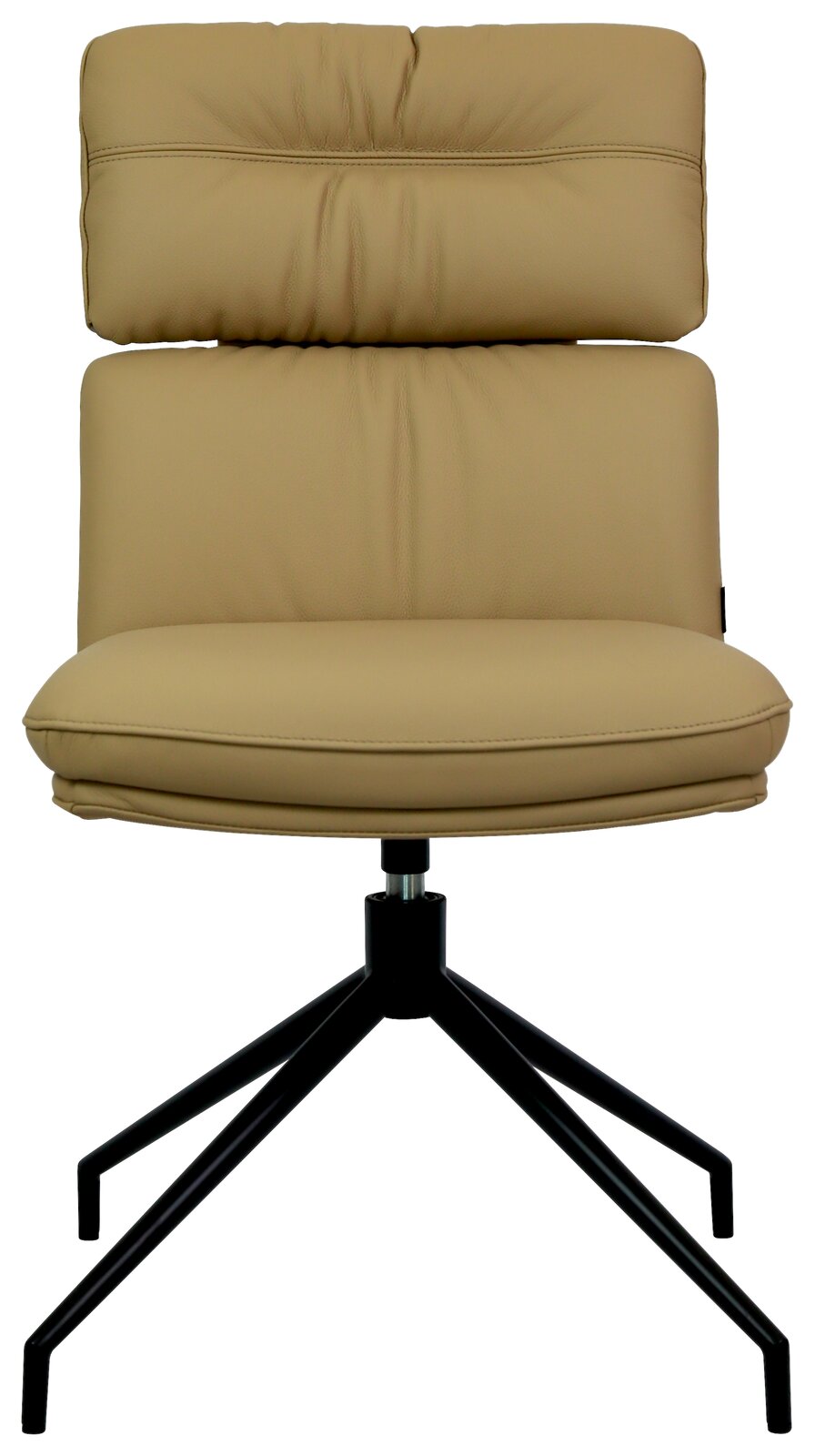 Moderner beiger Stuhl mit gepolsterter Rückenlehne und schwarzem Metallgestell, Frontalansicht