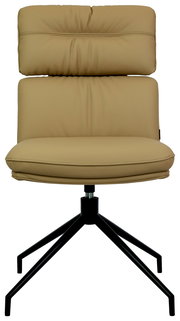 Moderner beiger Stuhl mit gepolsterter Rückenlehne und schwarzem Metallgestell, Frontalansicht