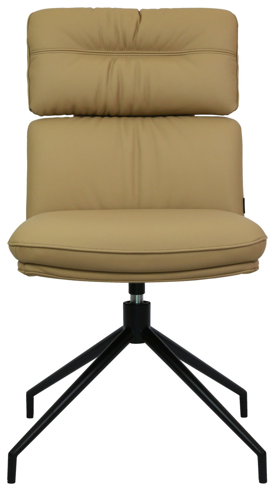 Moderner beiger Stuhl mit gepolsterter Rückenlehne und schwarzem Metallgestell, Frontalansicht