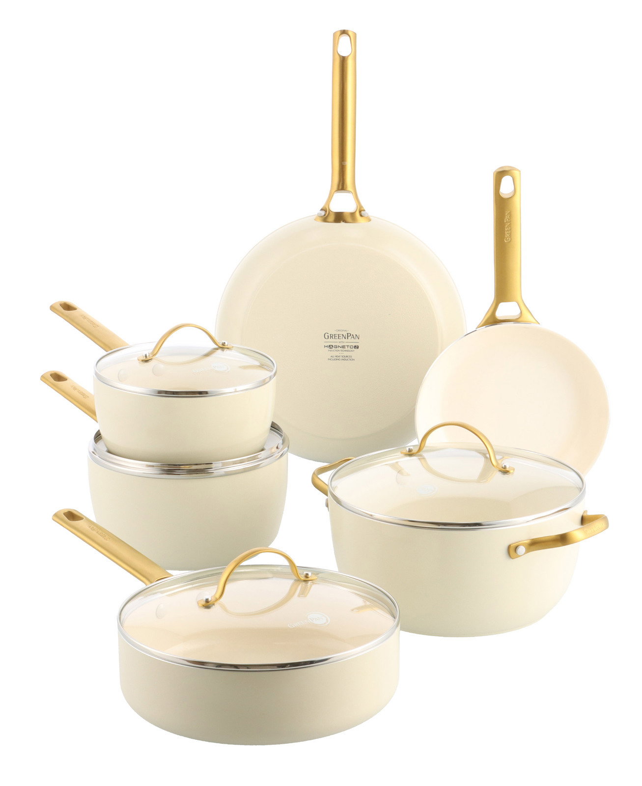 Sechsteiliges Topfset in Cremefarbe mit goldenen Griffen, bestehend aus Töpfen und Pfannen mit Glasdeckeln, frontal und leicht von oben fotografiert.