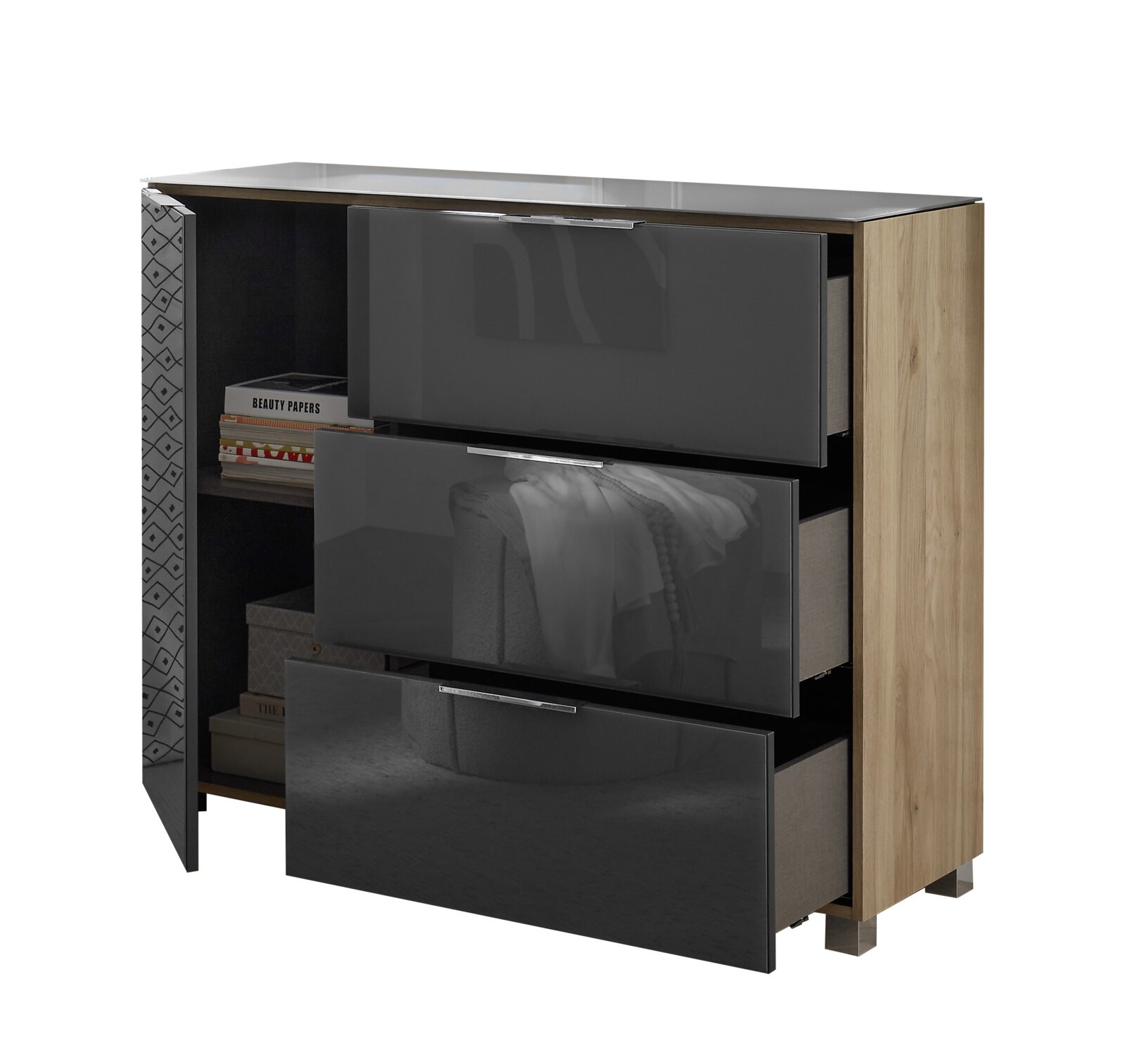 Commode met drie open lades en een open deur, van hout met glanzende zwarte fronten, zijaanzicht