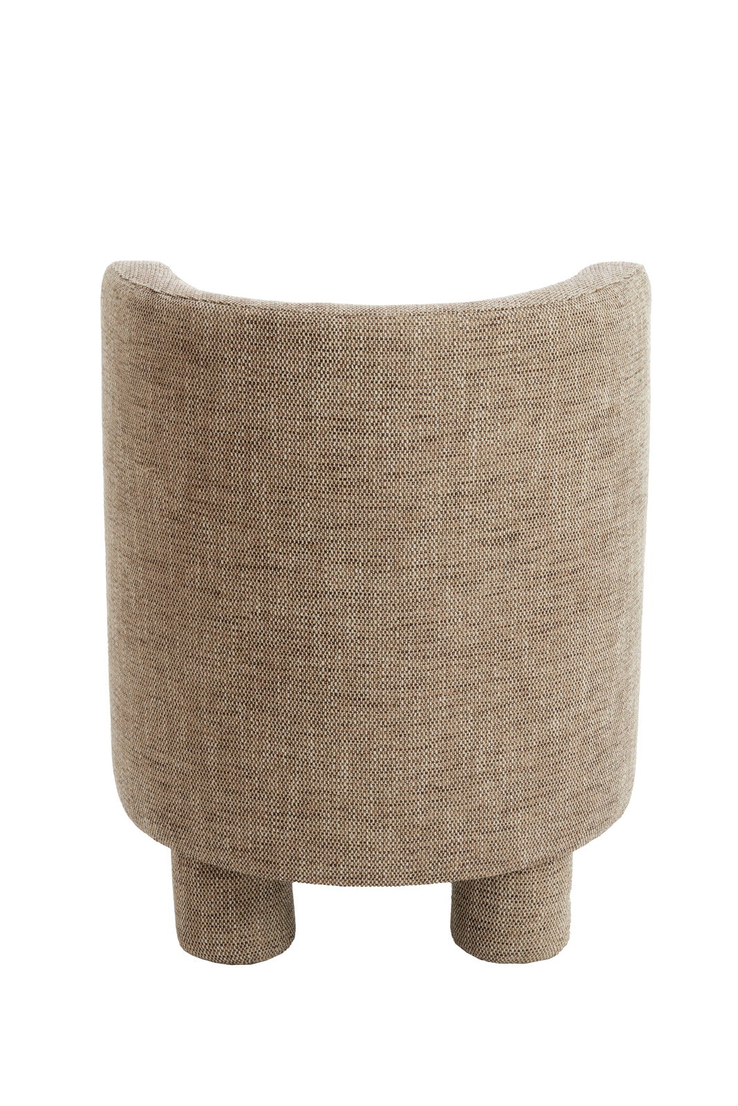 Rückansicht eines modernen Sessels mit beigem Stoffbezug und runden Beinen.