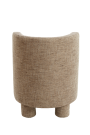 Rückansicht eines modernen Sessels mit beigem Stoffbezug und runden Beinen.