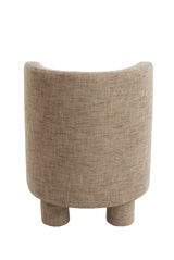 Rückansicht eines modernen Sessels mit beigem Stoffbezug und runden Beinen.