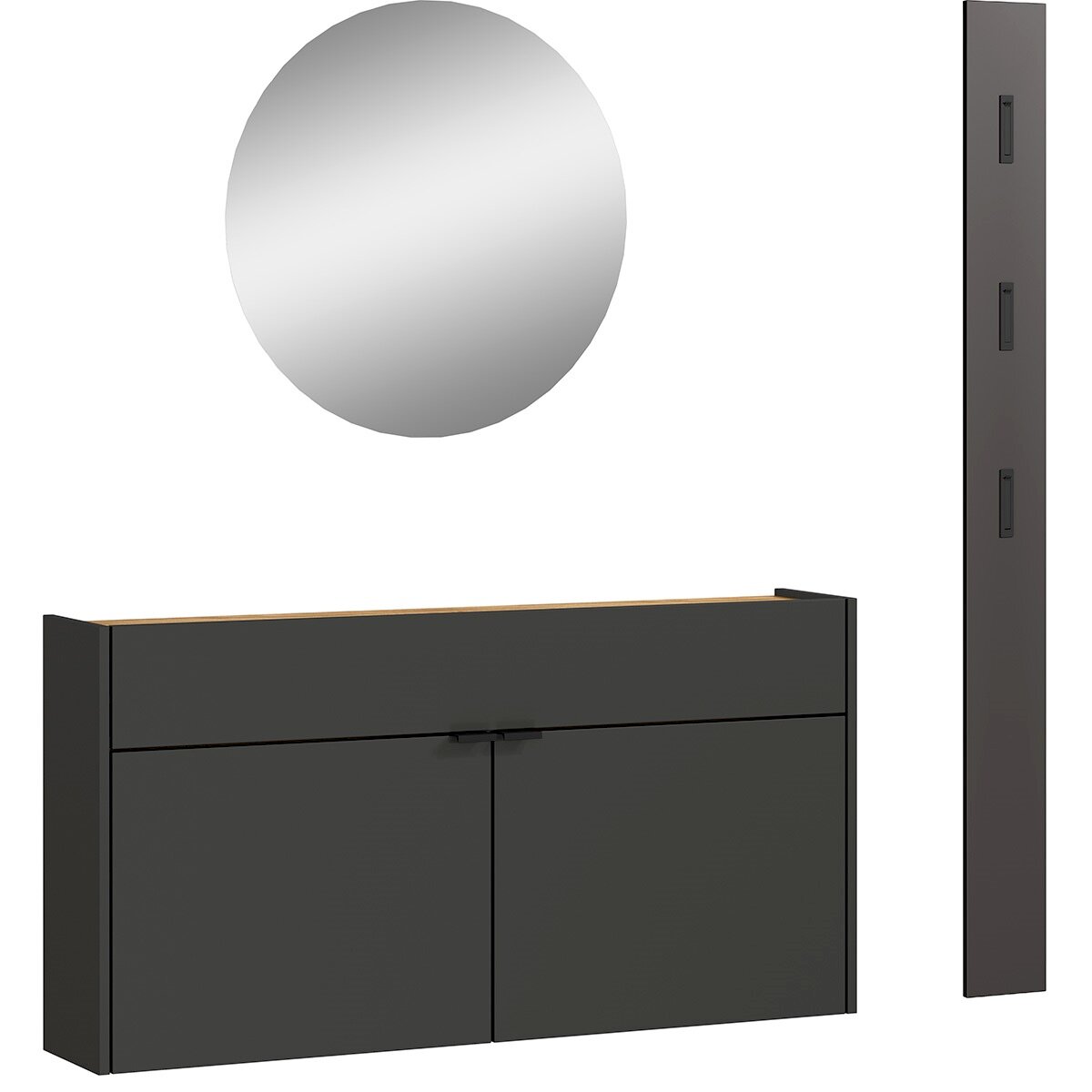 Garderobe Set 4 bestehend aus einem runden Spiegel, einem schwarzen Wandpaneel mit Haken und einem schwarzen Schrank mit zwei Türen, frontal betrachtet.