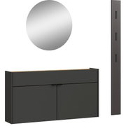 Garderobe Set 4 bestehend aus einem runden Spiegel, einem schwarzen Wandpaneel mit Haken und einem schwarzen Schrank mit zwei Türen, frontal betrachtet.