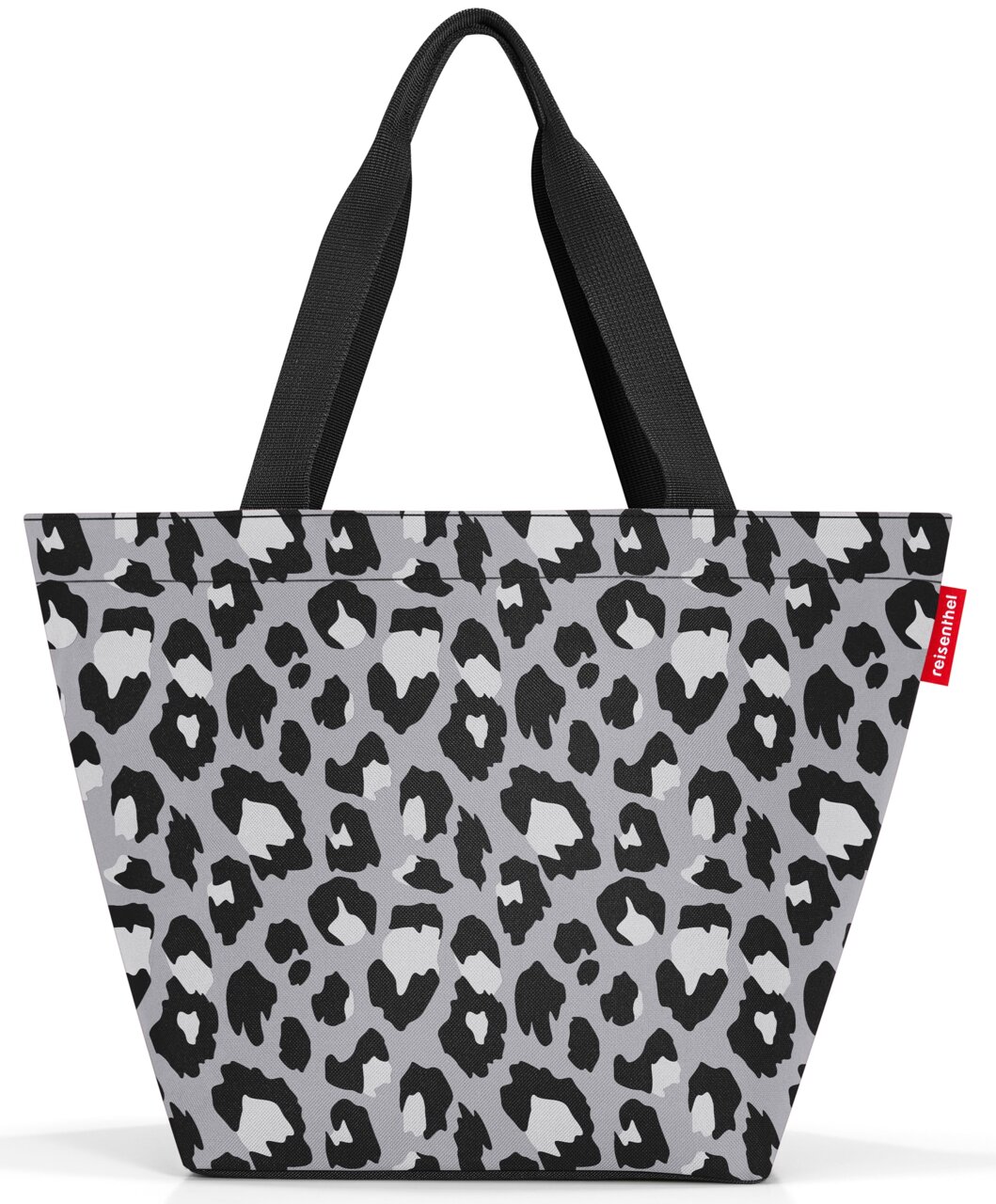 Schwarze und graue Leopardenmuster-Shopper-Tasche mit schwarzen Griffen, Vorderansicht