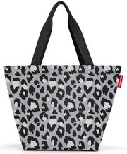 Schwarze und graue Leopardenmuster-Shopper-Tasche mit schwarzen Griffen, Vorderansicht