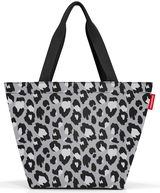 Schwarze und graue Leopardenmuster-Shopper-Tasche mit schwarzen Griffen, Vorderansicht