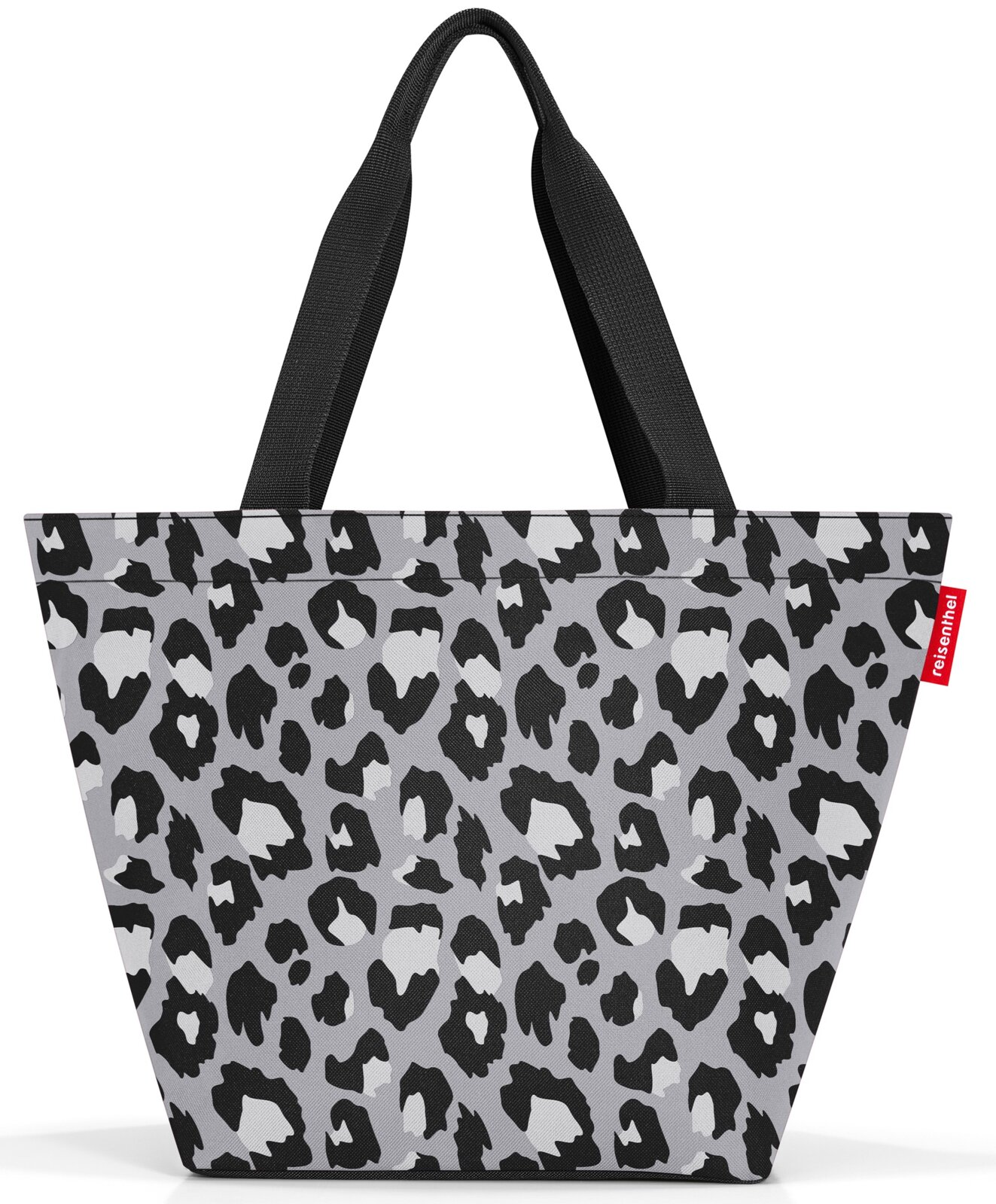 Zwarte en grijze shopper met luipaardprint en zwarte handvatten, vooraanzicht