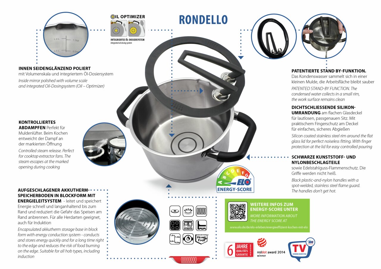 Topfset Rondello 4-tlg. aus Edelstahl mit schwarzem Kunststoffgriff, Glasdeckel mit Silikonumrandung und integriertem Öl-Dosiersystem, aus der Vogelperspektive.
