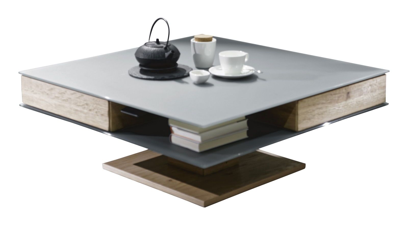 Moderner Couchtisch mit quadratischer grauer Tischplatte, Holzdetails und integriertem Stauraum, seitliche Perspektive.