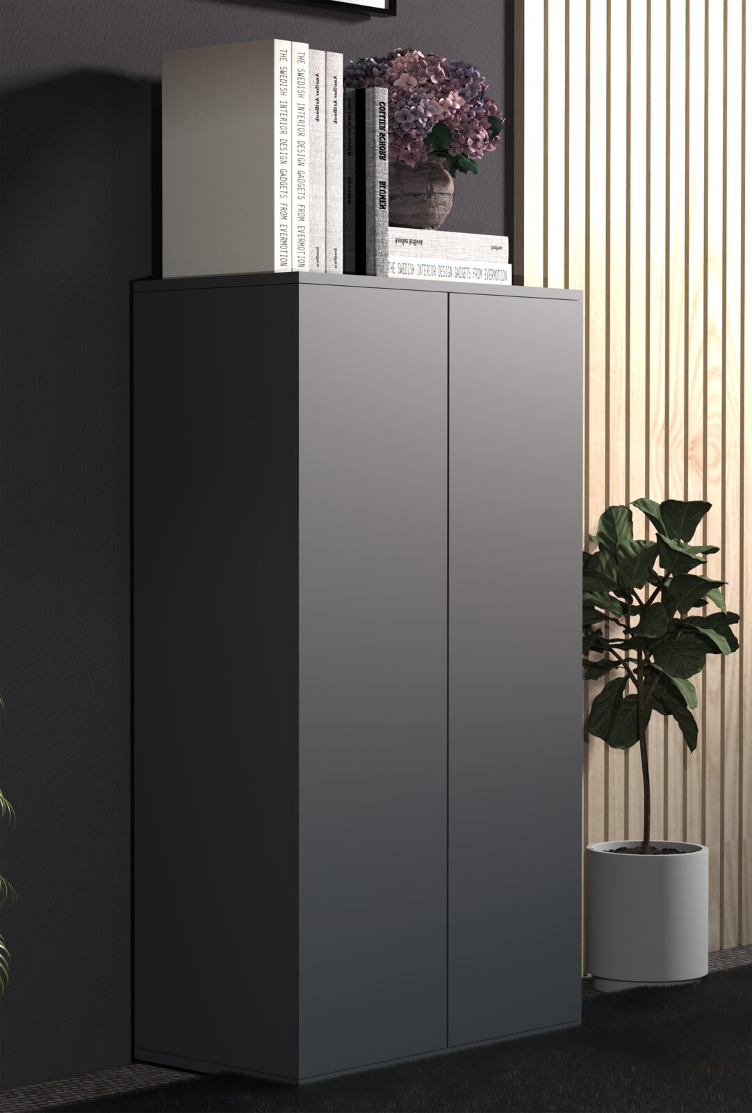 Modernes, mattgraues Sideboard mit zwei grifflosen Türen, oben mit Büchern und Blumenvase dekoriert, im Wohnraum neben Holzlamellenwand und Topfpflanze; Perspektive: leicht seitliche Frontansicht von links.
