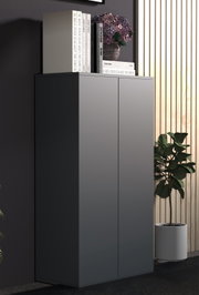 Modernes, mattgraues Sideboard mit zwei grifflosen Türen, oben mit Büchern und Blumenvase dekoriert, im Wohnraum neben Holzlamellenwand und Topfpflanze; Perspektive: leicht seitliche Frontansicht von links.