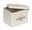 Beige Badbox mit Deckel, geöffnet, seitliche Perspektive, mit Aufschrift 'Fresh & Clean Bathroom Storage'.