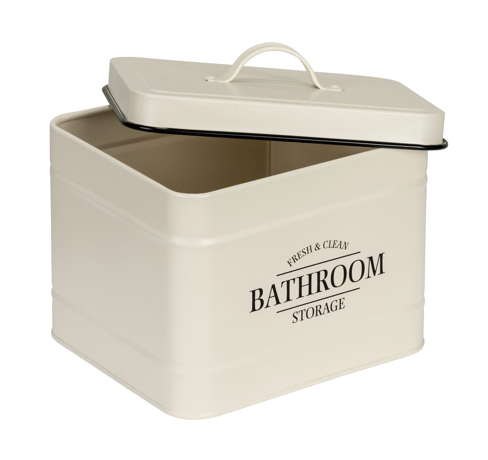 Beige Badbox mit Deckel, geöffnet, seitliche Perspektive, mit Aufschrift 'Fresh & Clean Bathroom Storage'.