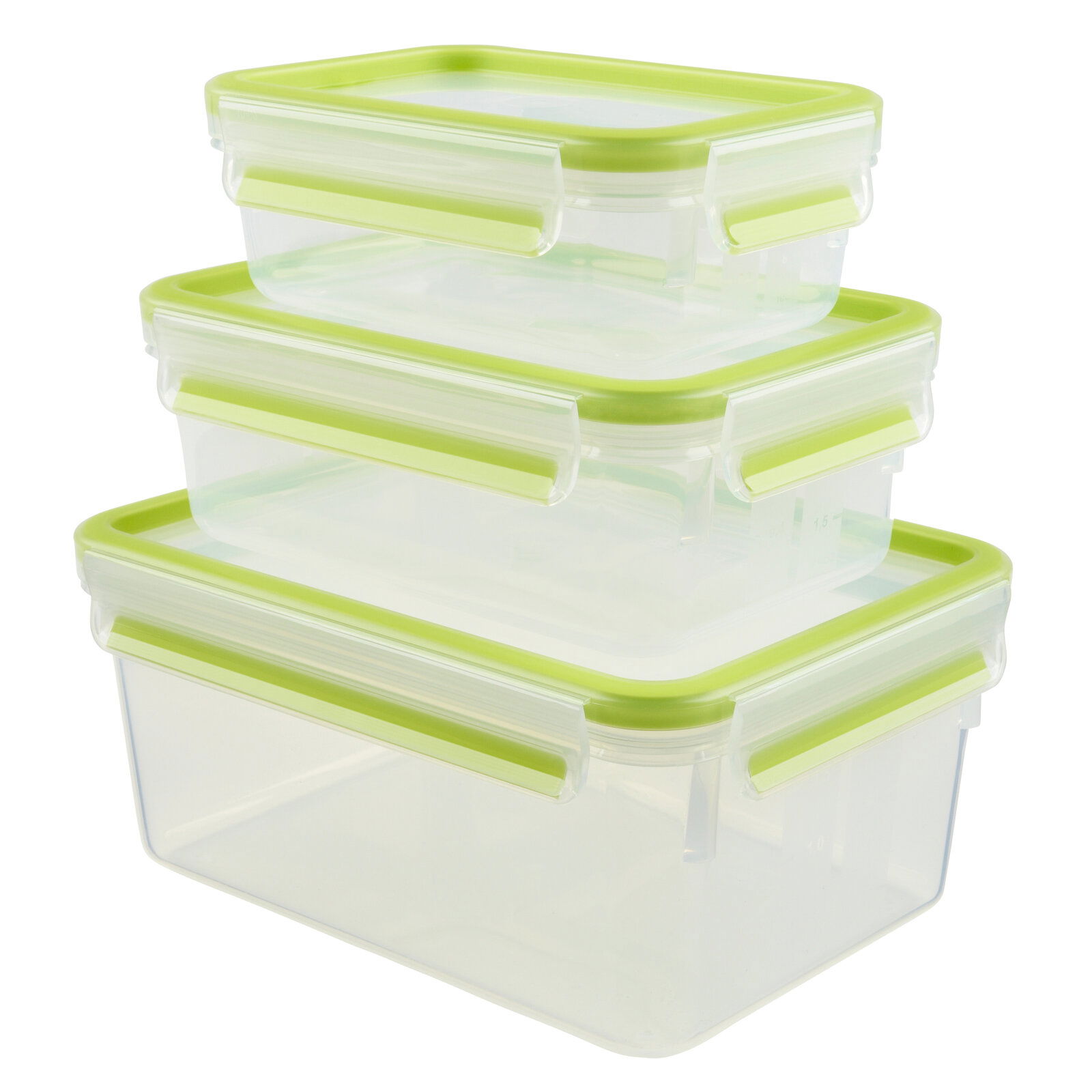 Dreiteiliges Set von transparenten Frischhaltedosen mit grünen Deckeln, gestapelt in einer seitlichen Perspektive.