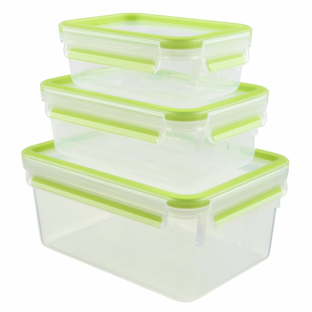 Dreiteiliges Set von transparenten Frischhaltedosen mit grünen Deckeln, gestapelt in einer seitlichen Perspektive.