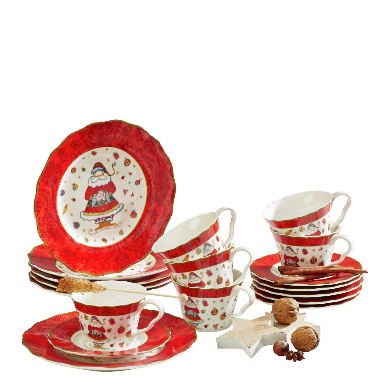 Weihnachtliches 18-teiliges Kaffeeservice mit rotem Rand und Weihnachtsmann-Motiv, seitliche Perspektive