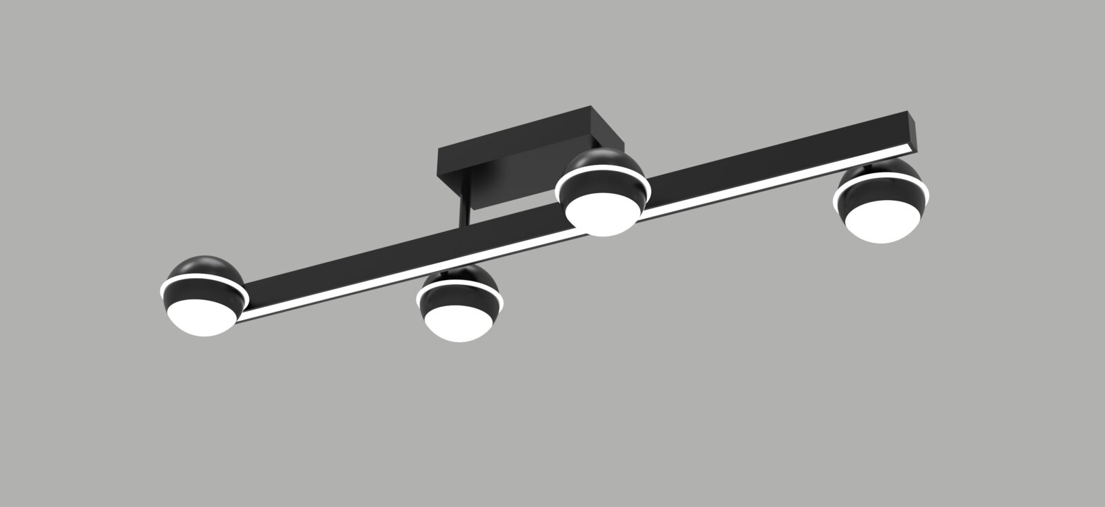 Moderne zwarte plafondlamp met langwerpig frame, geïntegreerde lichtstrip en vier ronde LED-spots, schuin van onderen gezien
