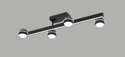 Moderne zwarte plafondlamp met langwerpig frame, geïntegreerde lichtstrip en vier ronde LED-spots, schuin van onderen gezien