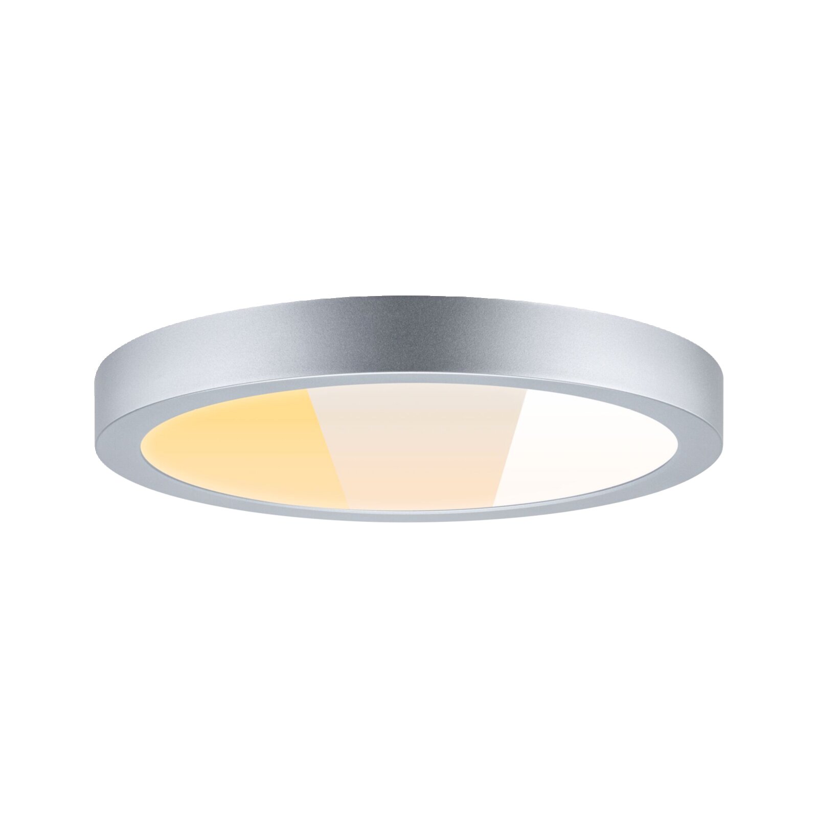 Runde, flache LED-Deckenleuchte in Silber mit opaler Abdeckung und warmweißem Licht, in leichter Untersicht/Schrägansicht vor weißem Hintergrund